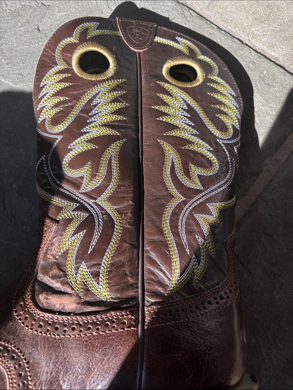 Ariat Brown Leather Cowboy Boots with Yellow Embroidery - Picture 2 of 5